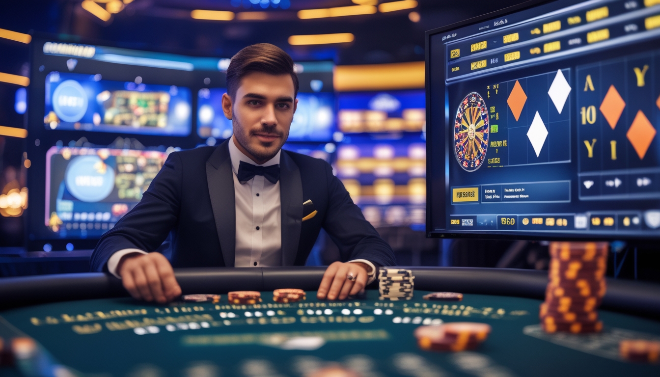 Seorang dealer profesional di studio kasino online dengan beberapa layar yang menampilkan permainan kasino langsung seperti roulette, blackjack, dan poker.