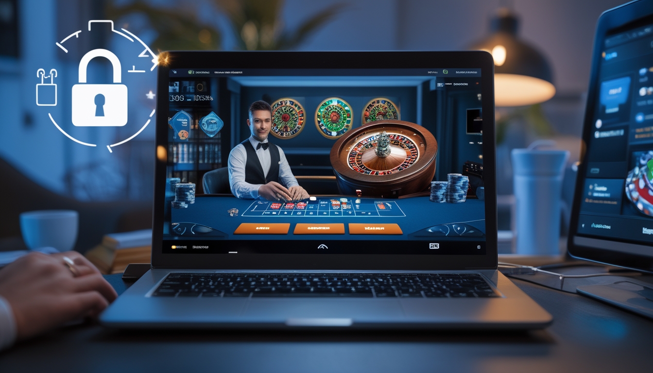 Seorang dealer kasino langsung sedang membagikan kartu di depan layar komputer dalam suasana ruangan yang nyaman dan modern.