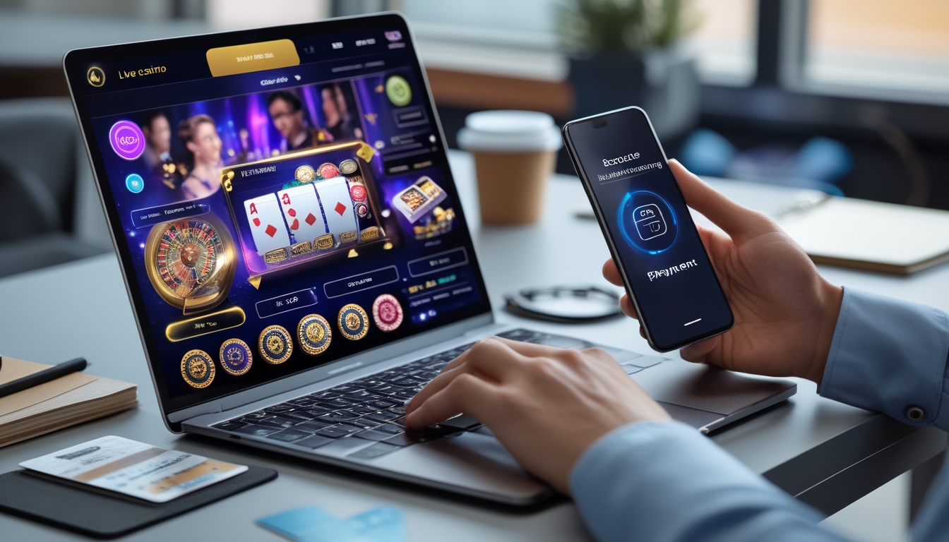 Seseorang menggunakan ponsel dan laptop untuk melakukan transaksi deposit dan withdraw di kasino online dengan dealer langsung di layar.