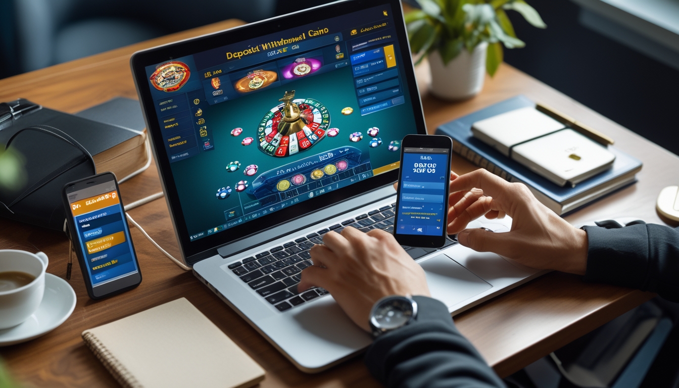 Seseorang menggunakan laptop dan ponsel untuk melakukan transaksi deposit dan penarikan di kasino online di meja kerja yang rapi.