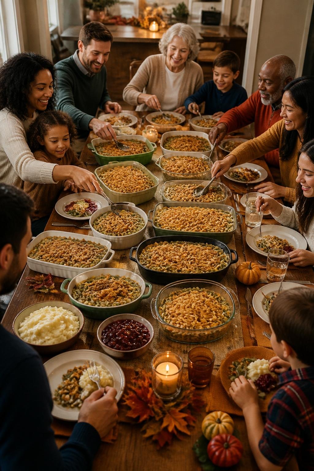 A dining table set for a family meal with multiple green bean casserole dishes in ceramic baking dishes, steam rising, serving spoons resting on the sides.