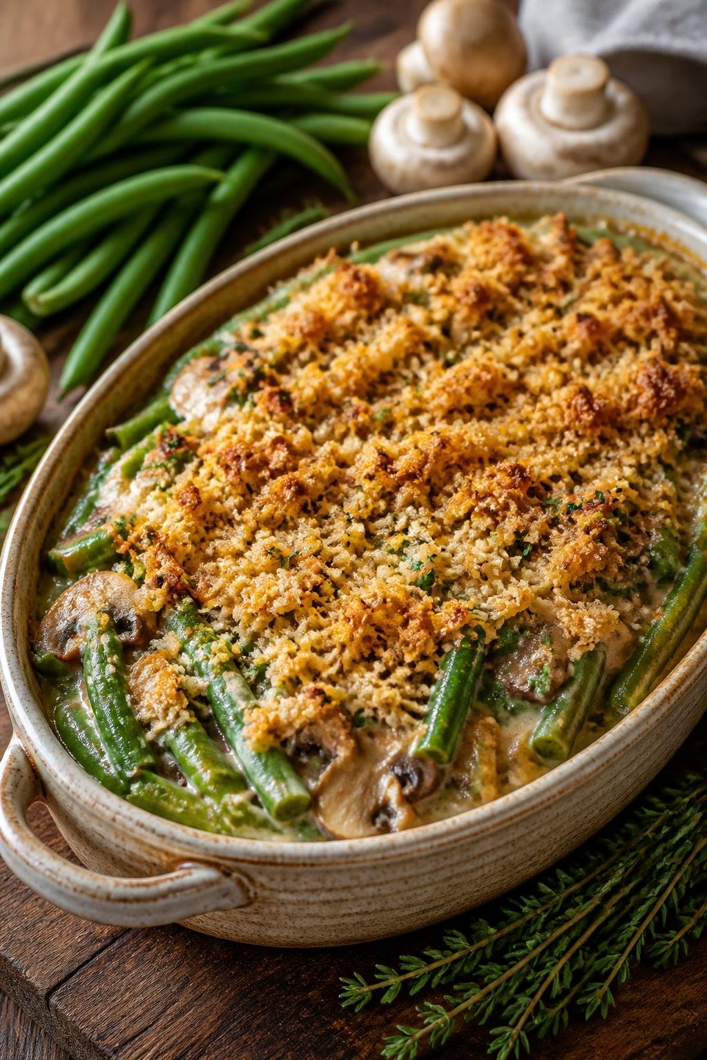 A green bean casserole with sliced mushrooms and a golden crispy onion topping in a white ceramic dish, surrounded by raw green beans and whole mushrooms on a wooden table.