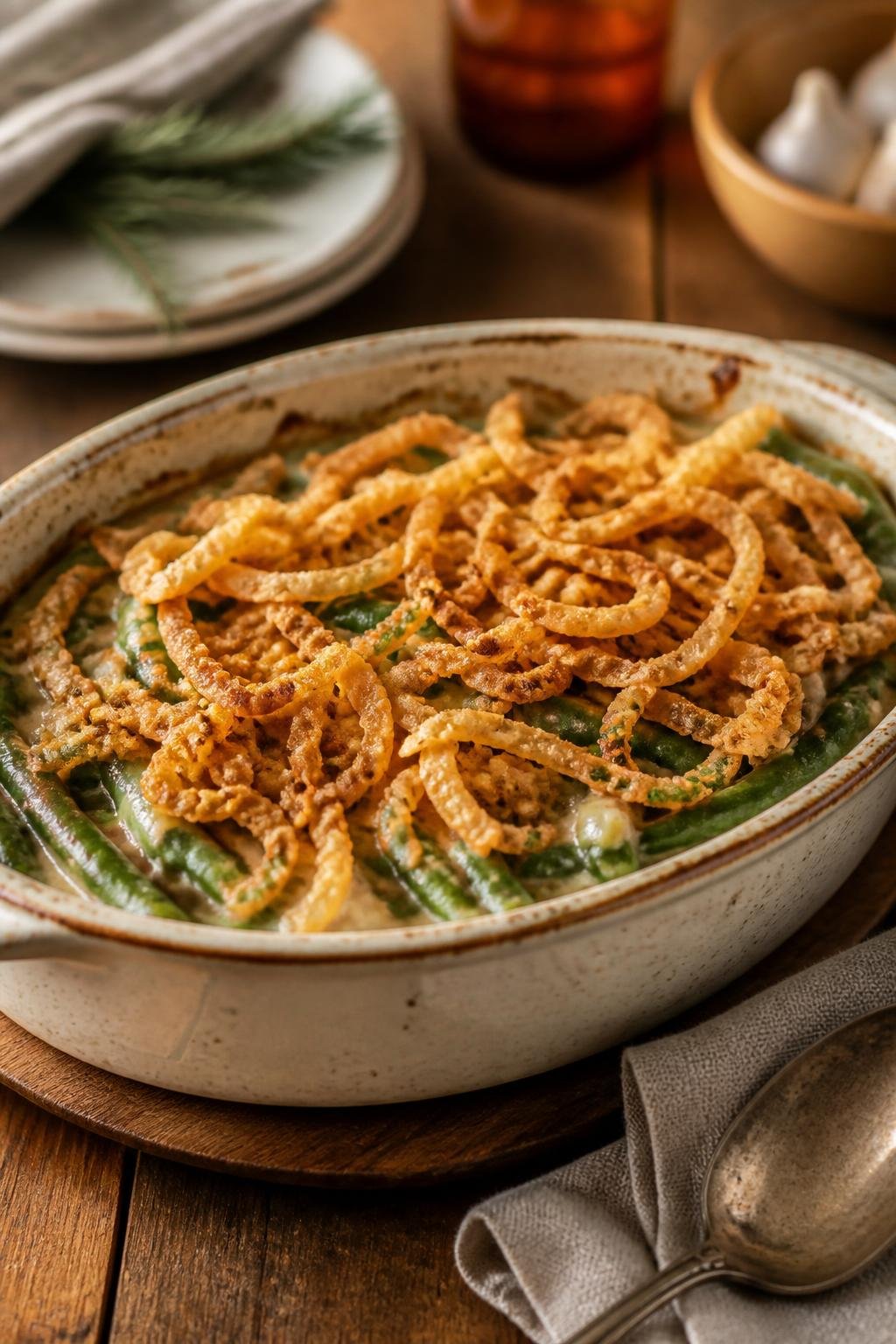 A baked green bean casserole with a thick layer of golden crispy fried onions piled high on top, served in a wide ceramic dish on a wooden table.