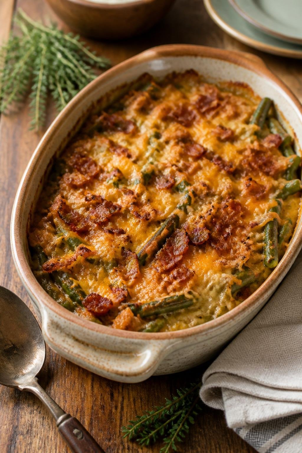 A golden baked green bean casserole with bacon and melted cheese visible through the crispy topping, in a white ceramic dish with a serving spoon resting beside it on a wooden table.