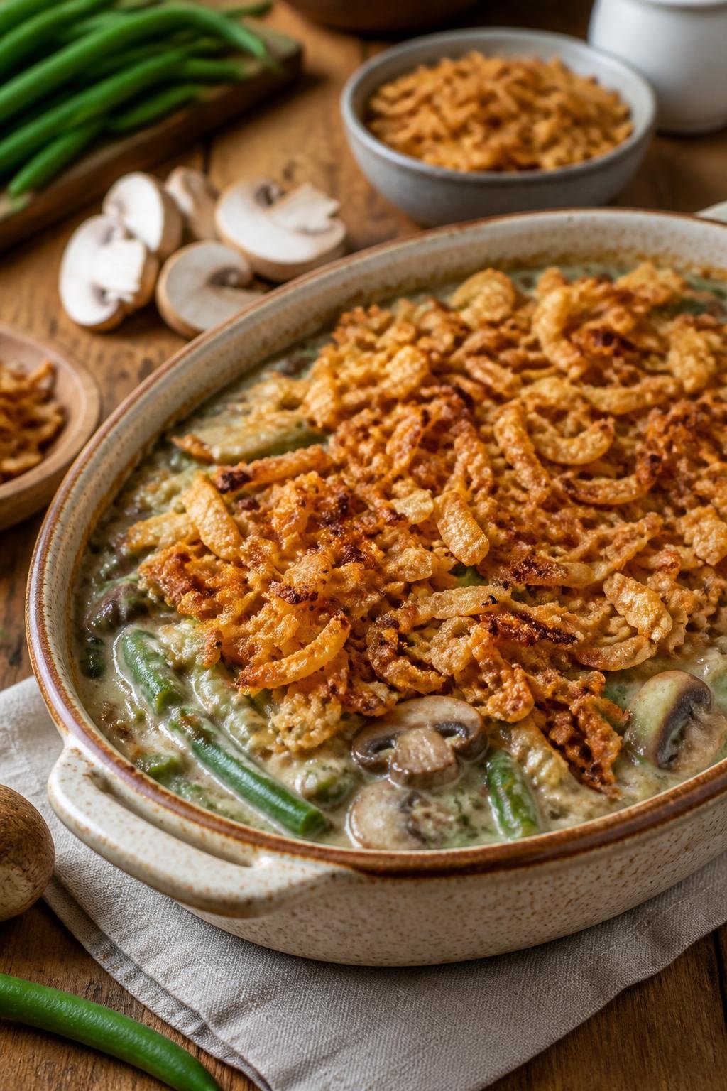 A creamy green bean casserole topped with a generous layer of crispy fried onions in a rustic oval baking dish, with fresh green beans and sliced mushrooms arranged nearby on a wooden surface.