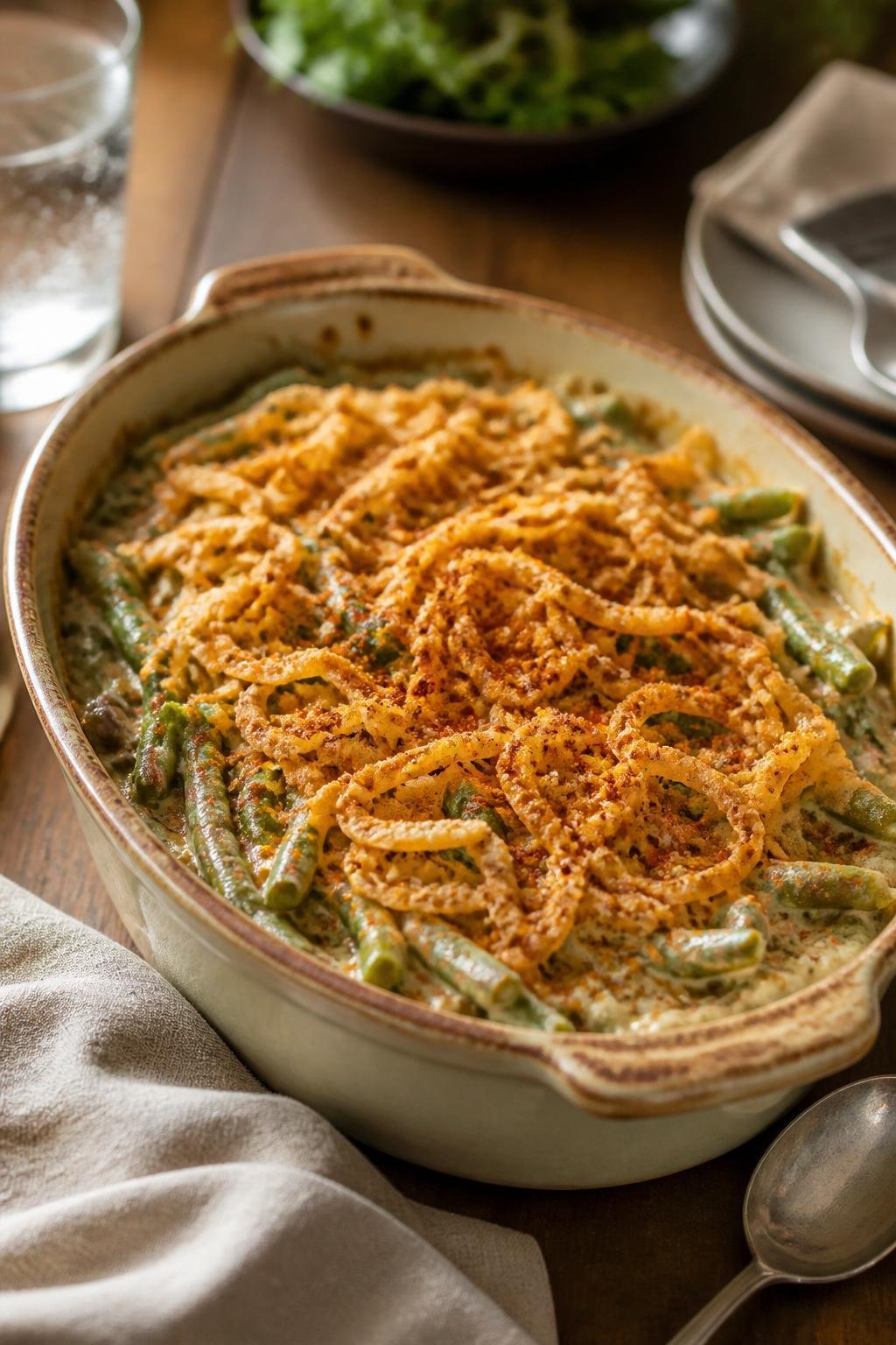 A baked green bean casserole topped with golden crispy fried onions in a white ceramic dish on a wooden table, with a rustic linen napkin beside it.