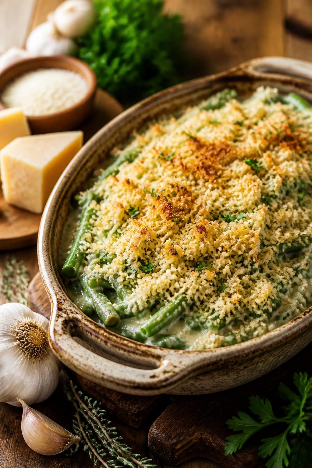 A garlic-parmesan green bean casserole with a golden panko crust in a white ceramic dish, with whole garlic cloves, a wedge of parmesan, and fresh herb sprigs arranged on the wooden table beside it.