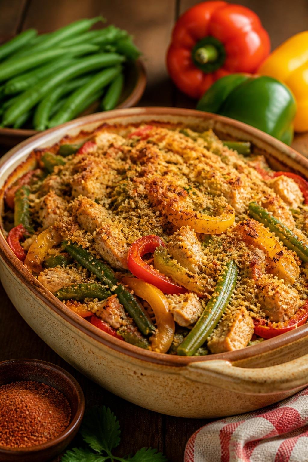 A baked turkey and green bean casserole with colorful red and orange bell pepper strips visible through the crispy topping, in a white ceramic dish on a wooden table.