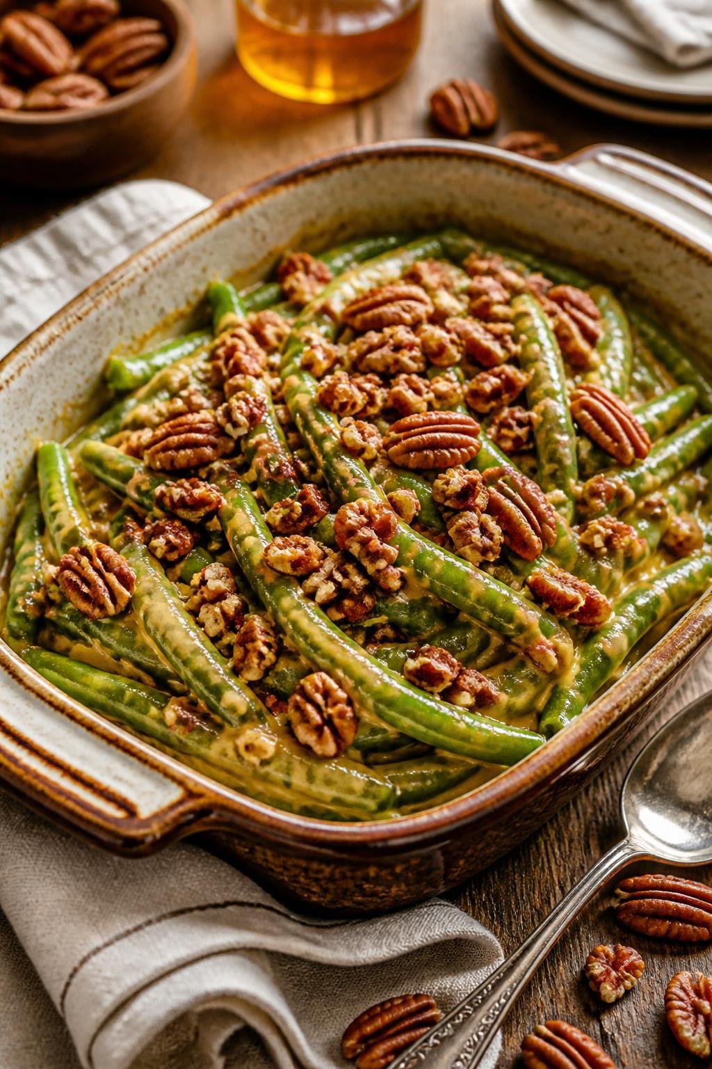 A honey-mustard green bean casserole topped with roughly chopped toasted pecans and a golden panko crust in a white ceramic baking dish on a wooden table.