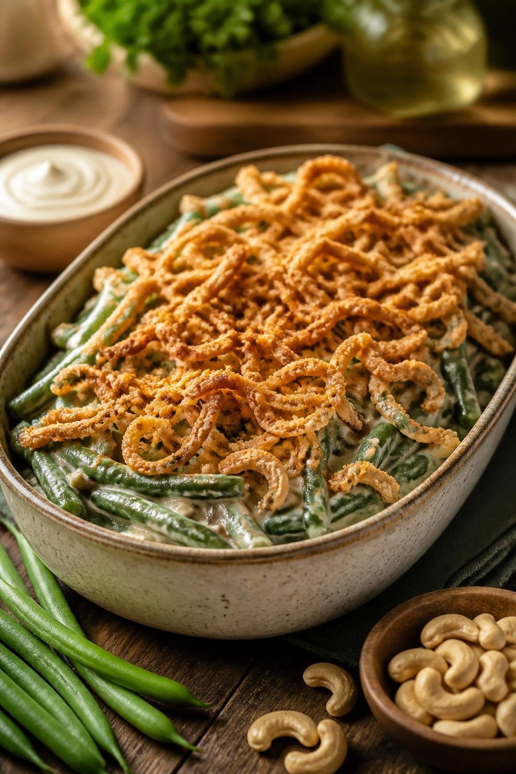 A vegan green bean casserole topped with golden crispy fried onions in a white ceramic dish on a wooden table, with fresh green beans and a small pile of raw cashews arranged beside it.
