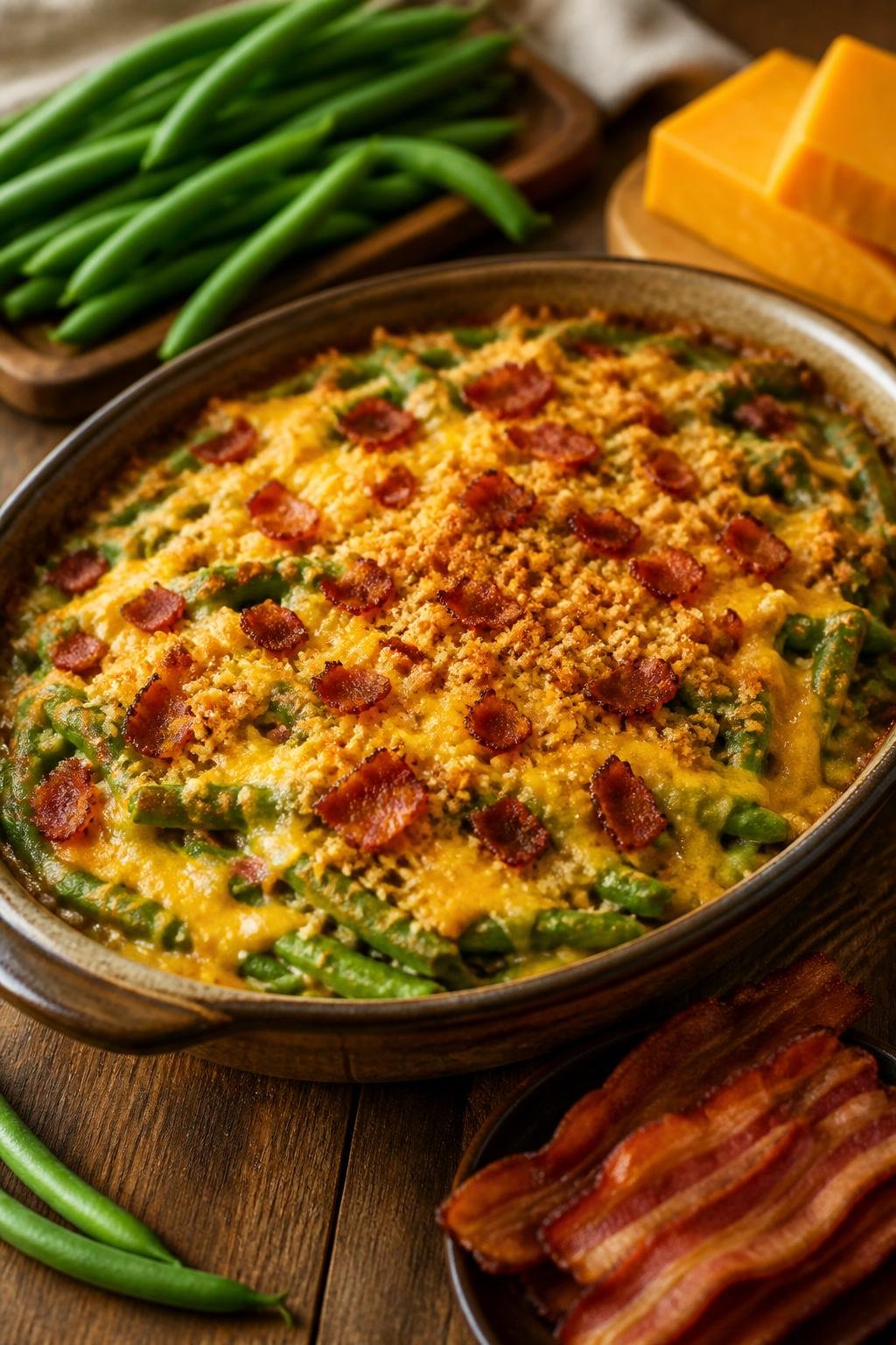 A green bean casserole topped with melted sharp cheddar and crispy bacon crumbles in a wide white ceramic dish on a wooden table.
