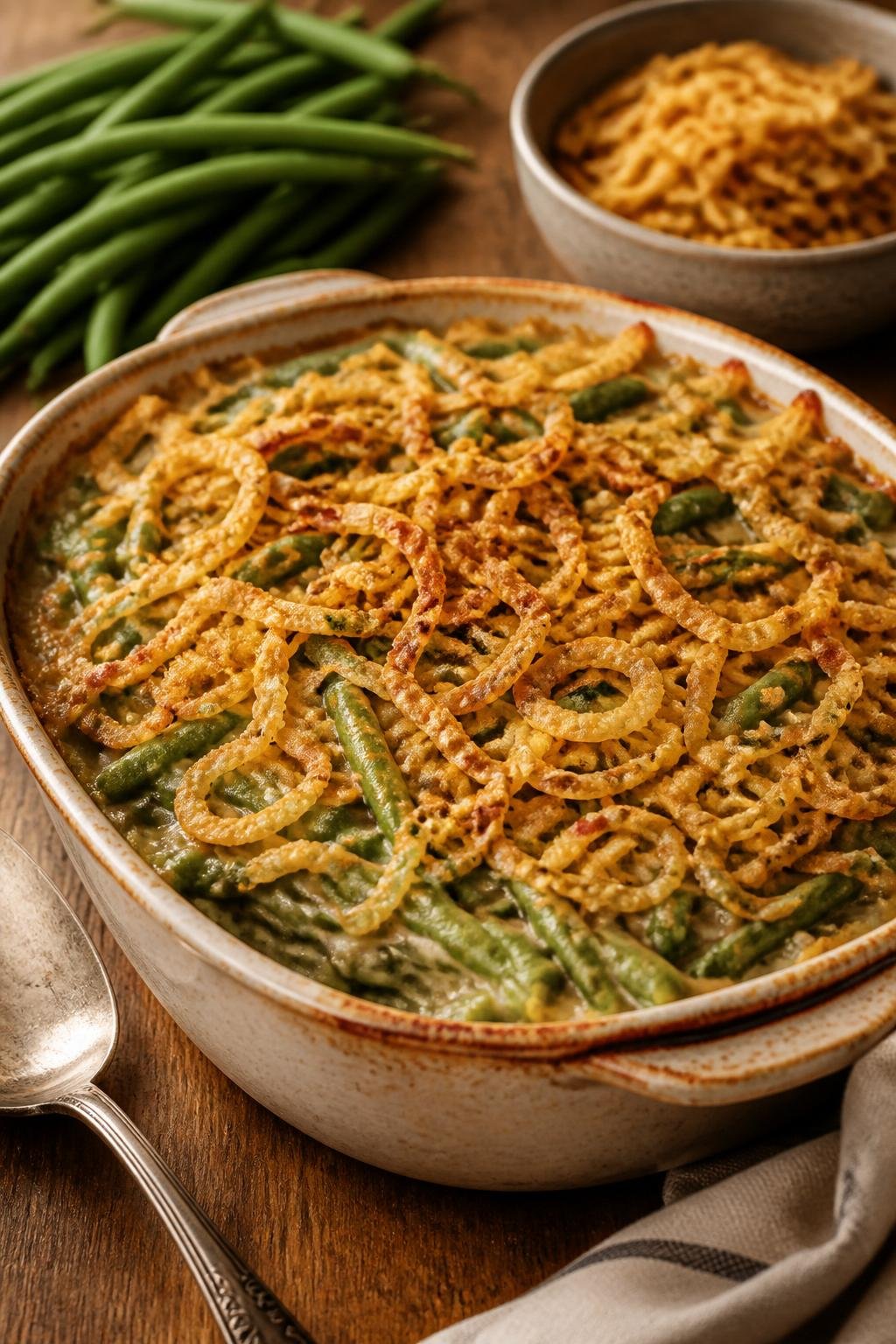 A baked green bean casserole topped with a thick, golden layer of crispy fried onions in a white ceramic dish, with fresh green beans and a wooden serving spoon beside it on a wooden table.