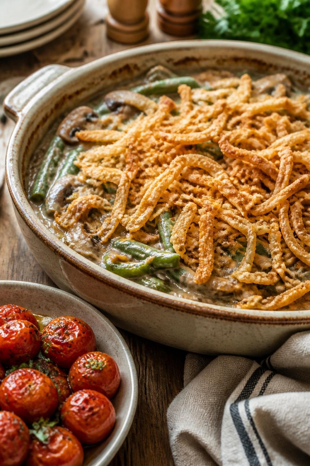 A green bean casserole in a white ceramic baking dish with halved roasted cherry tomatoes visible in the filling, on a wooden table.