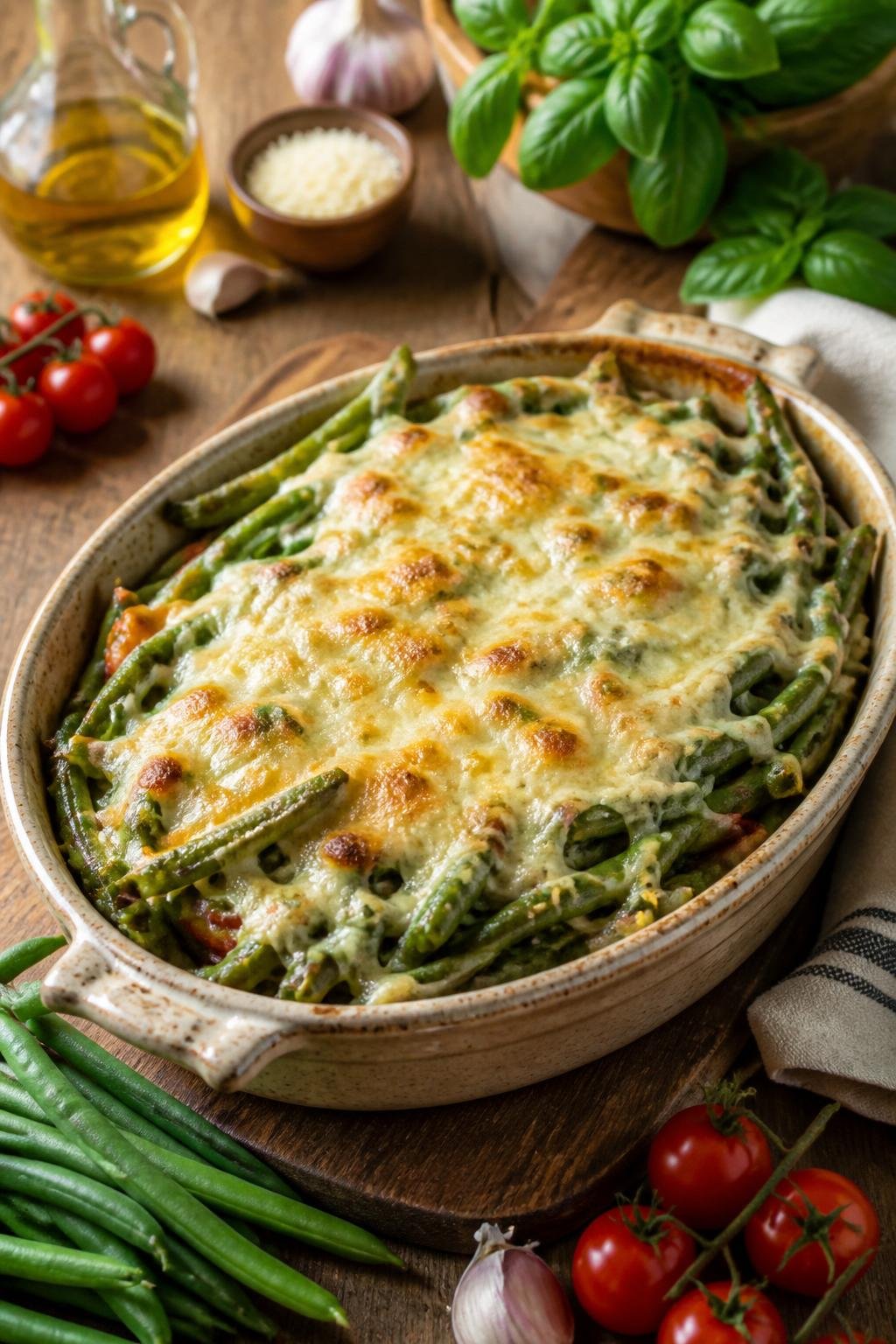 A baked green bean casserole topped with melted, lightly browned mozzarella and golden panko crumbs in a white ceramic dish, with fresh green beans and herb sprigs arranged on the wooden table around it.