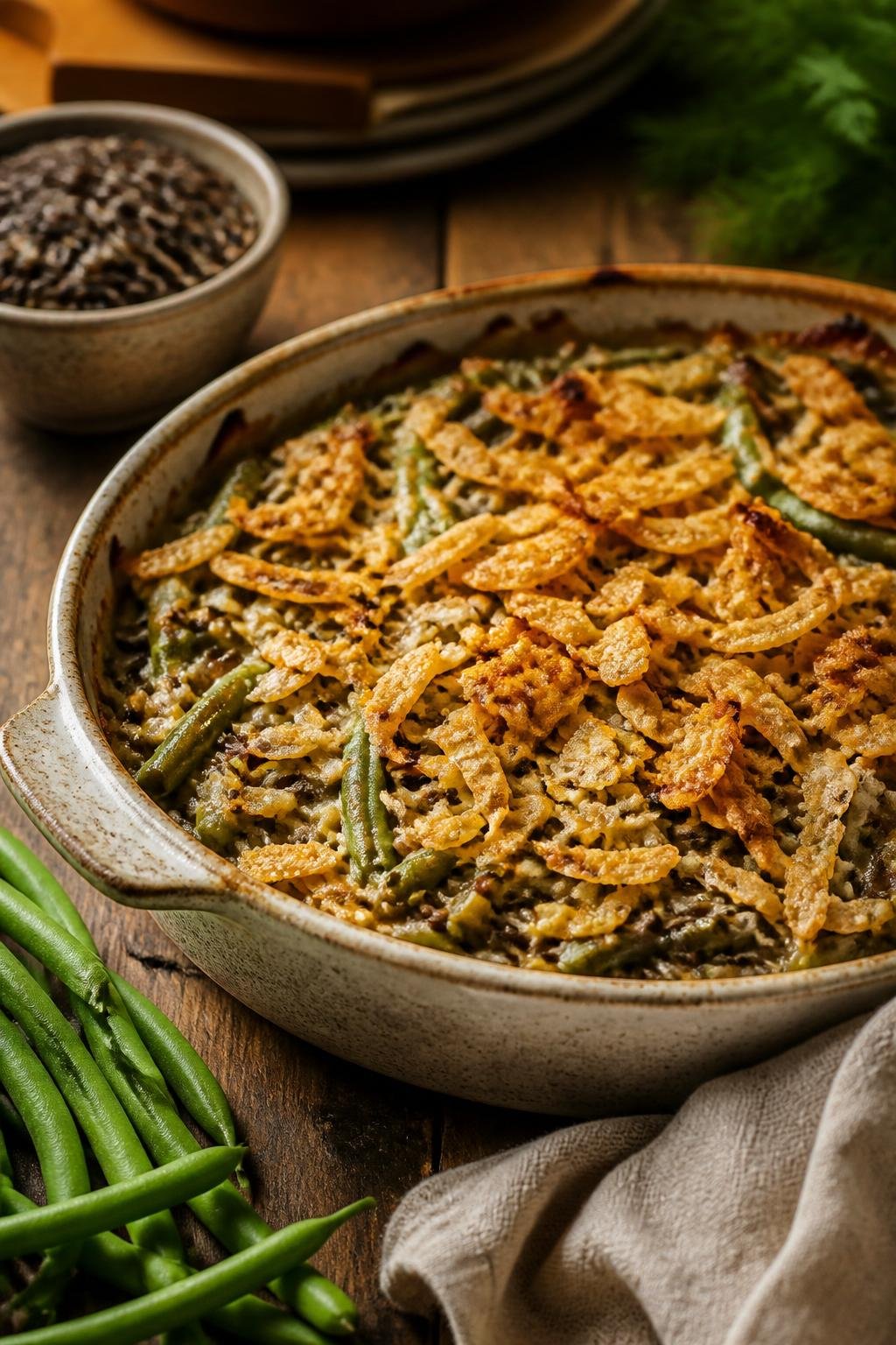 A green bean and wild rice casserole in a white ceramic baking dish with the dark grains of wild rice visible throughout the filling, on a wooden table with fresh ingredients arranged alongside.