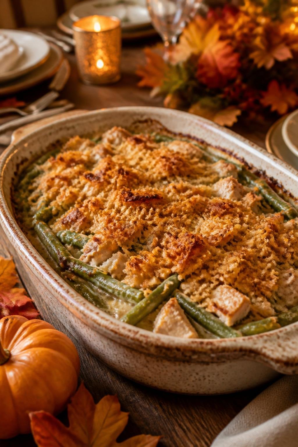 A baked green bean and turkey casserole in a white ceramic dish on a wooden table, with warm autumn-toned decorations in soft focus in the background.