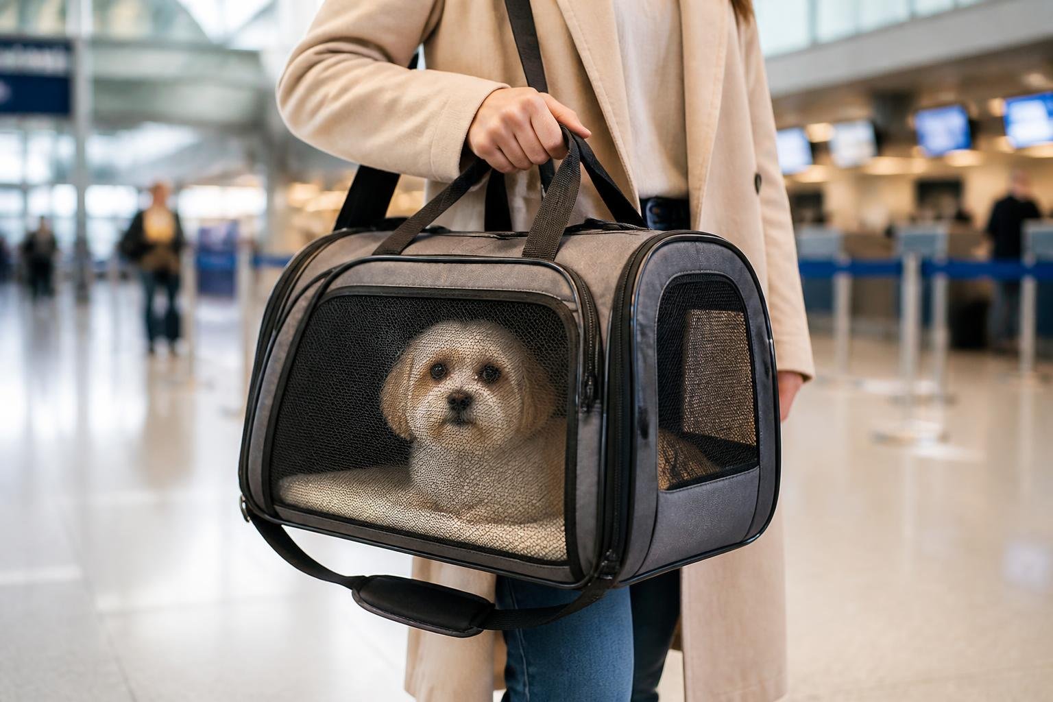 A traveler holding a small dog inside a compact pet carrier at an airport terminal.