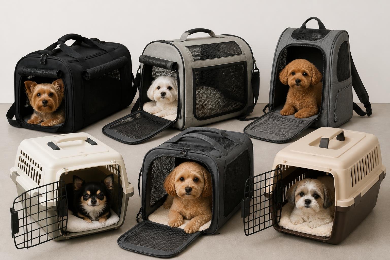 Several different types of dog carriers for air travel with small dogs inside, arranged on a plain background.
