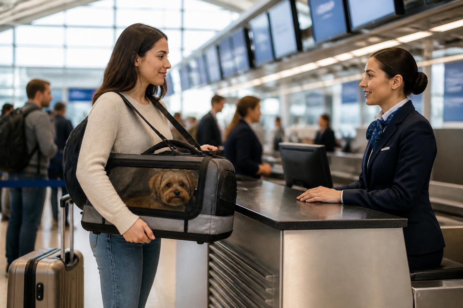 Traveler carrying a small dog in an airline-approved pet carrier at an airport check-in area with staff assistance.