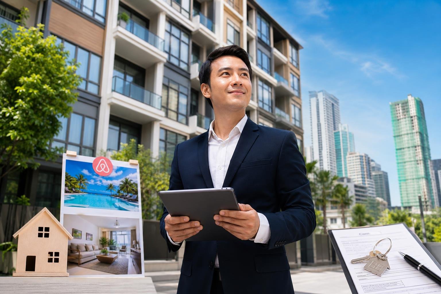 A property owner standing near modern residential buildings in Cebu, with elements representing short-term and long-term rentals.