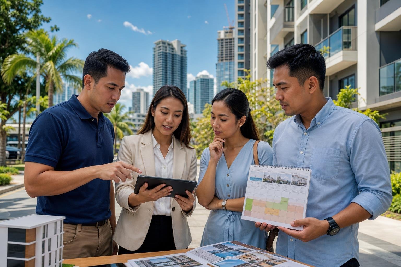 Property owners and real estate agents discussing leasing options near modern apartments in a sunny urban area with city buildings and palm trees in the background.