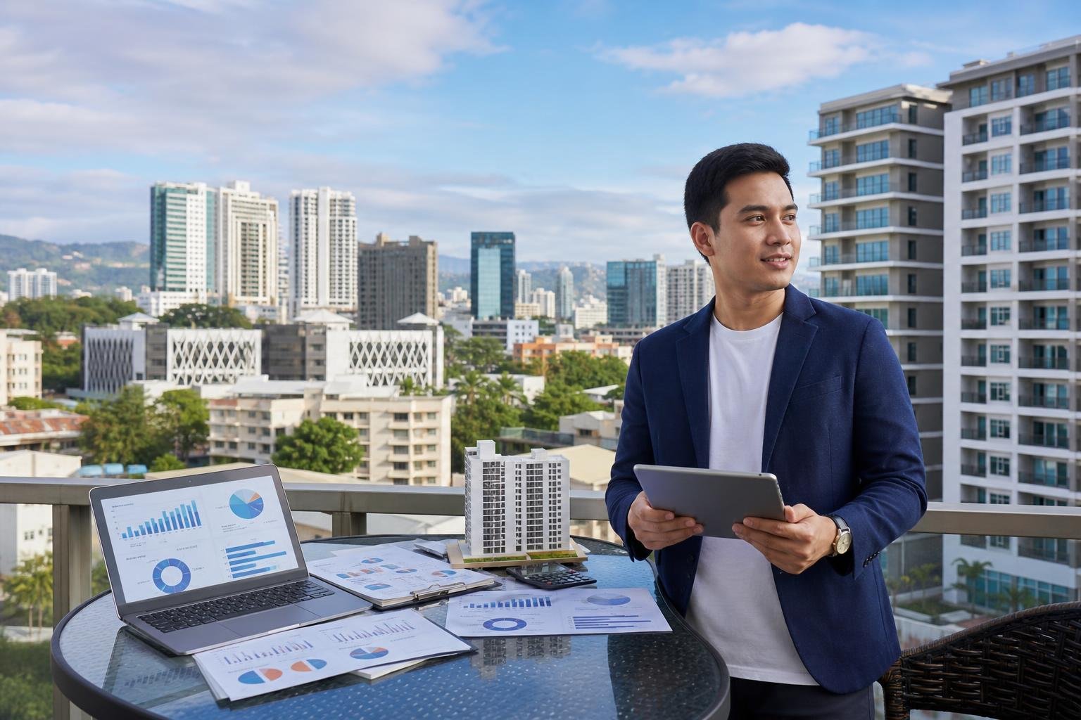 A businessperson standing outdoors near residential and commercial buildings in a city, reviewing documents related to property leasing and investment.
