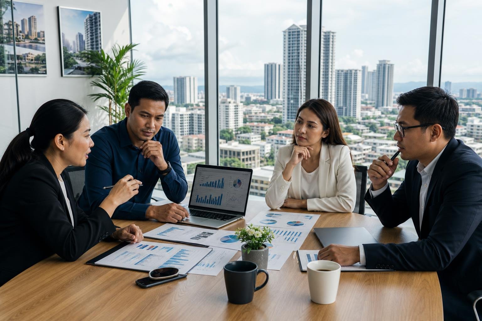 A group of property owners and real estate professionals discussing leasing strategies around a table with documents and a laptop, with a city skyline visible through large windows.