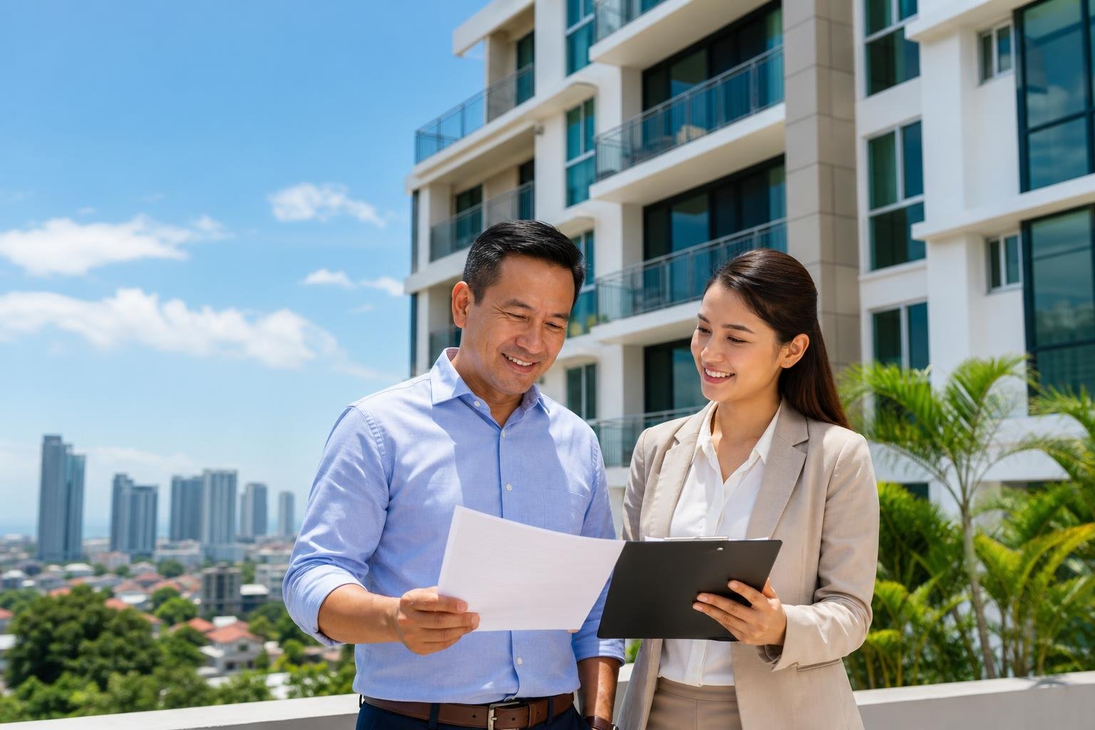 A property owner and real estate agent discussing lease documents outside a modern residential building in Cebu, Philippines.
