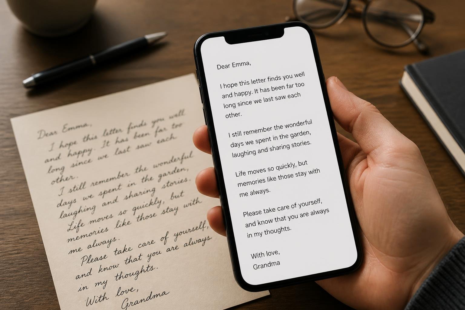 A hand holding a smartphone displaying a clear digital transcription of cursive handwriting on a card lying on a desk.
