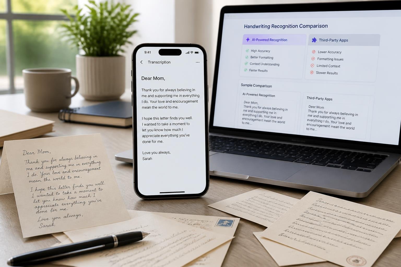 A workspace with an iPhone showing digital text next to handwritten notes and a laptop displaying handwriting recognition apps.