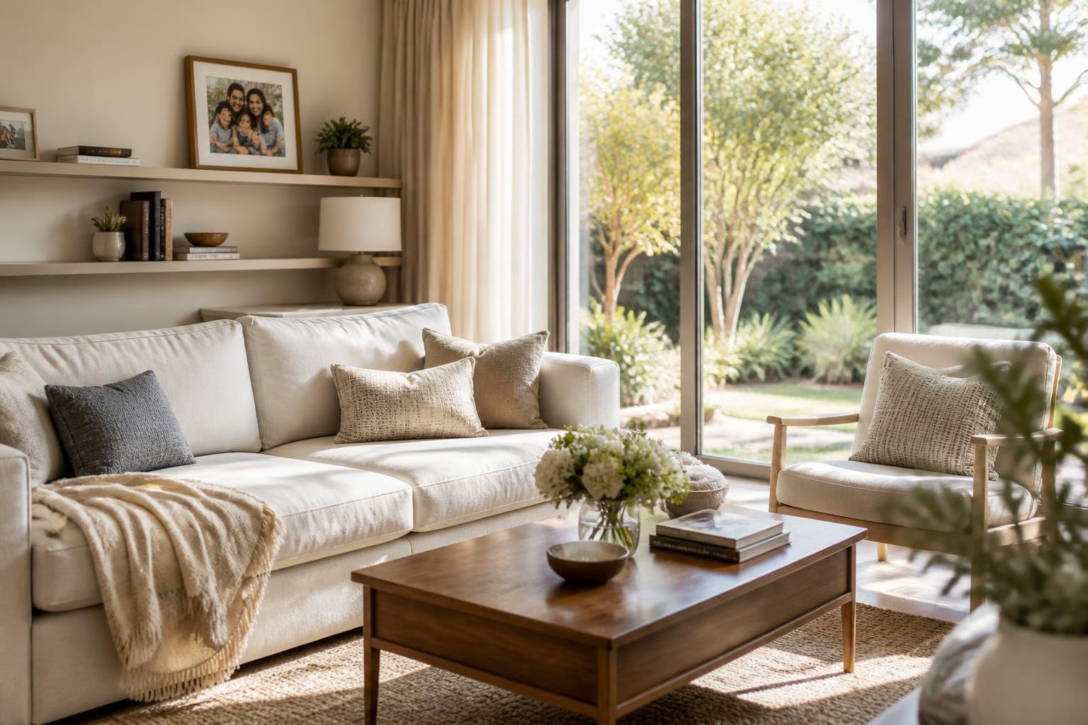 A sunlit living room with a comfortable sofa, coffee table with flowers, large windows overlooking a garden, and personal touches creating a welcoming home environment.