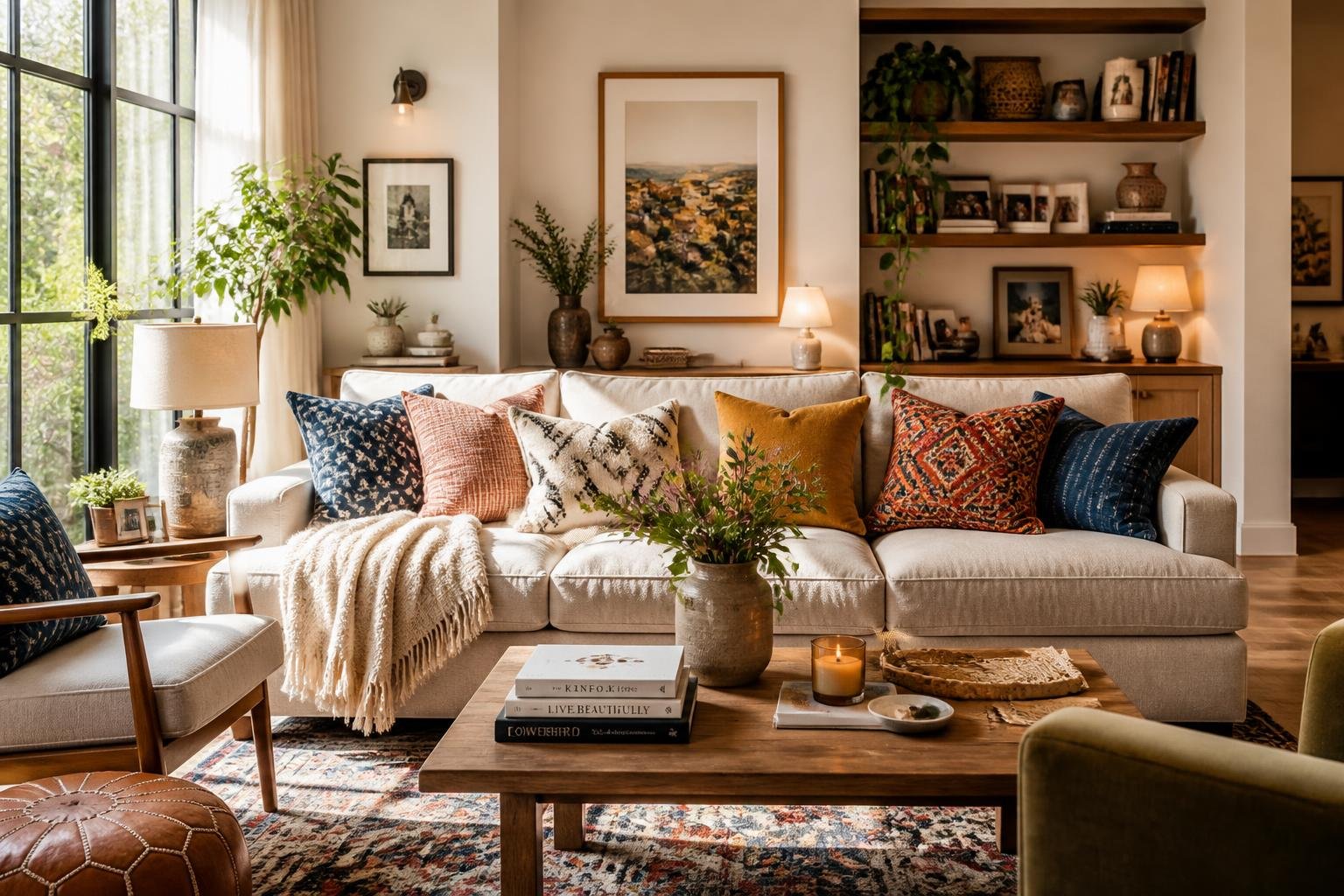 A cozy living room with a sofa, colorful pillows, indoor plants, and personal decorations, filled with natural light.