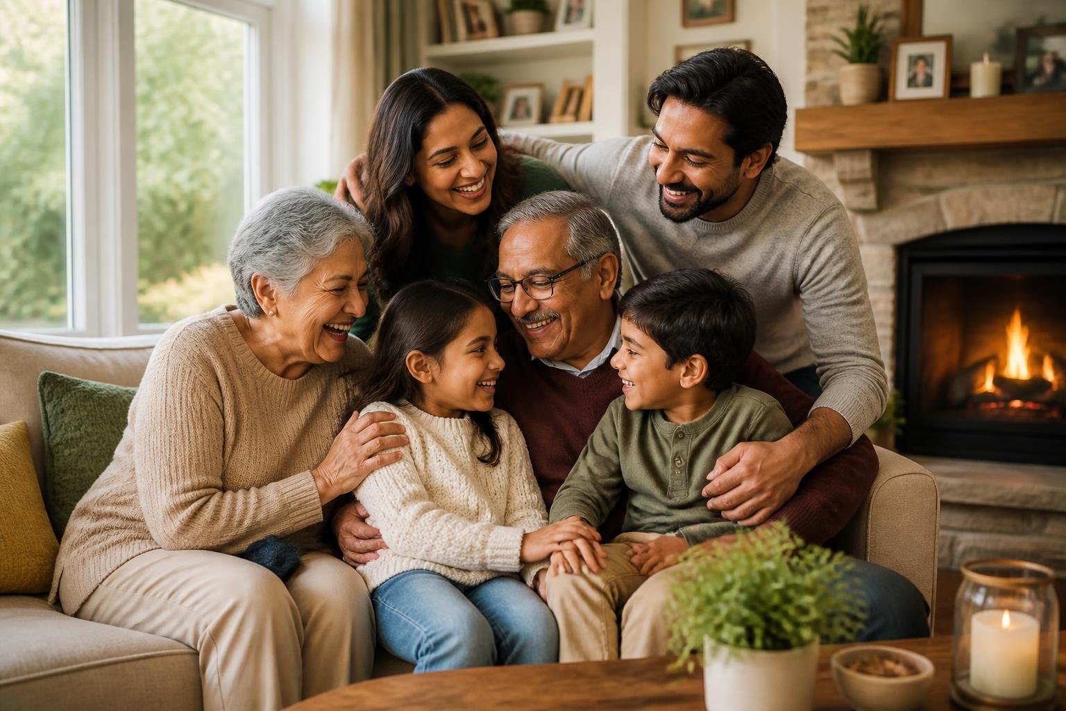 A multi-generational family sharing a joyful moment together in a warm and cozy living room.