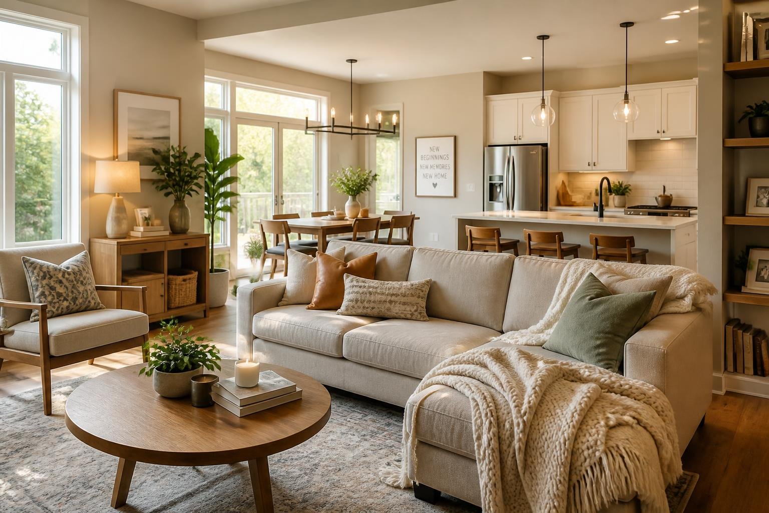 A bright and cozy living room with natural light, comfortable seating, plants, and a modern open kitchen in the background.