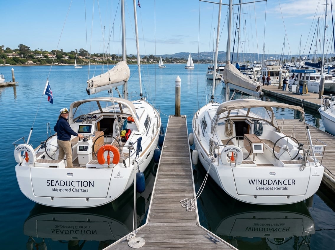 Two boats docked side by side at a marina, one with a skipper steering and the other empty, with calm water and a distant coastline in the background.