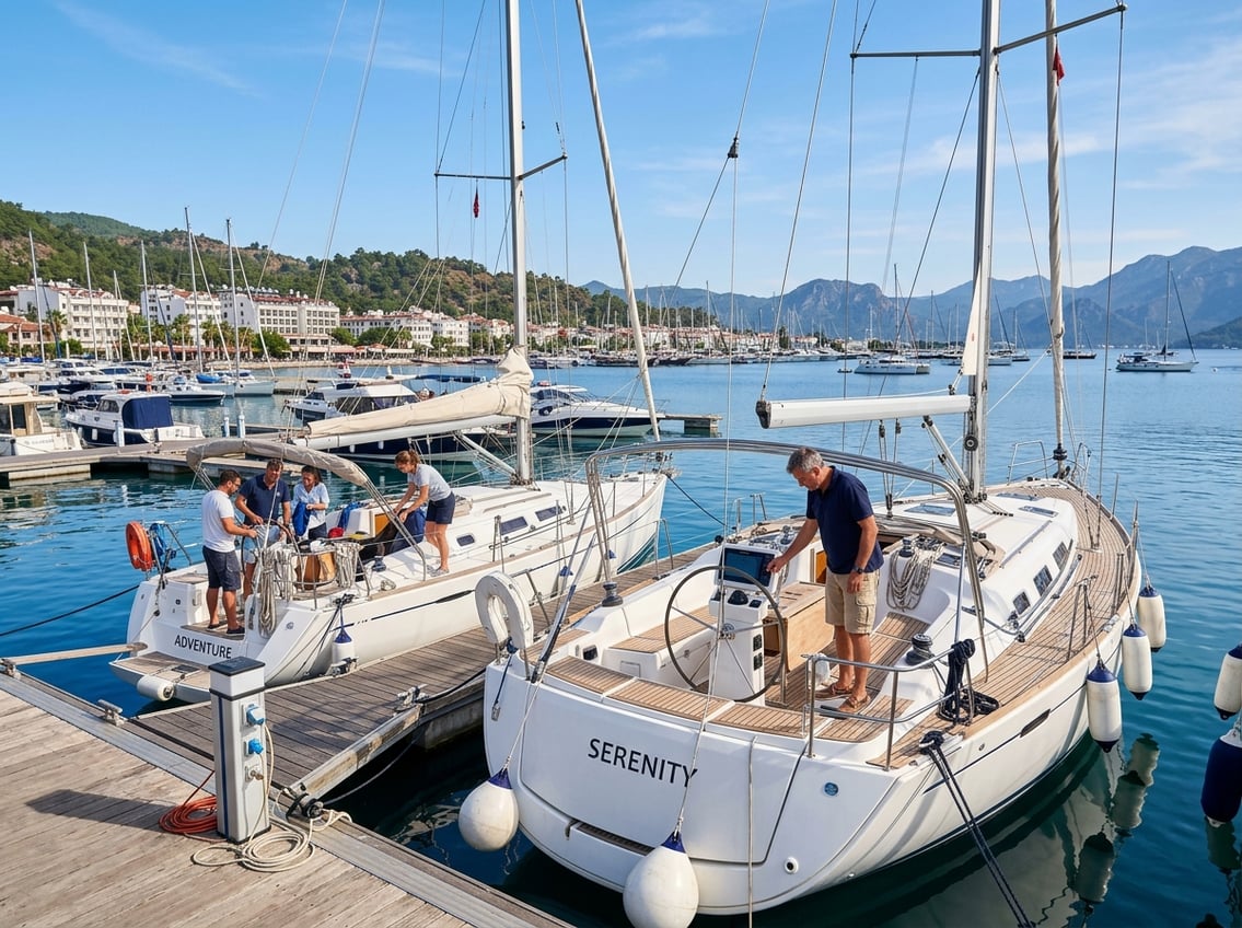 A marina with sailboats docked and people preparing boats on a sunny day.