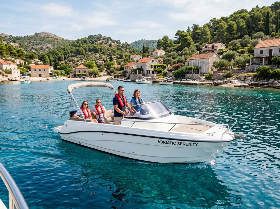 A motorboat with people wearing life jackets cruising on clear blue water near a Croatian coastline with greenery and stone houses under a sunny sky.