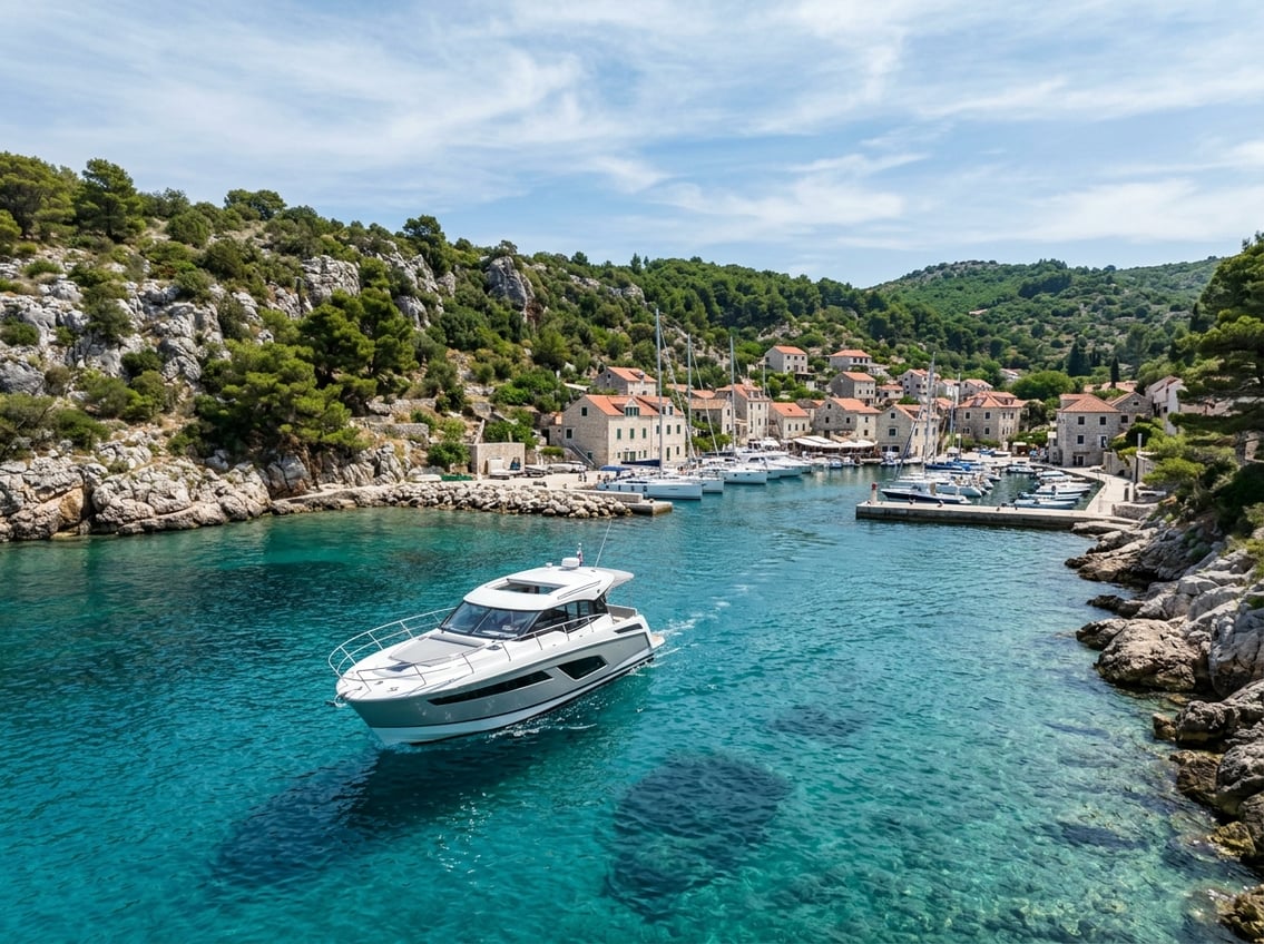 A motorboat cruising on clear turquoise waters near a rocky Croatian coastline with a marina and Mediterranean buildings in the background.