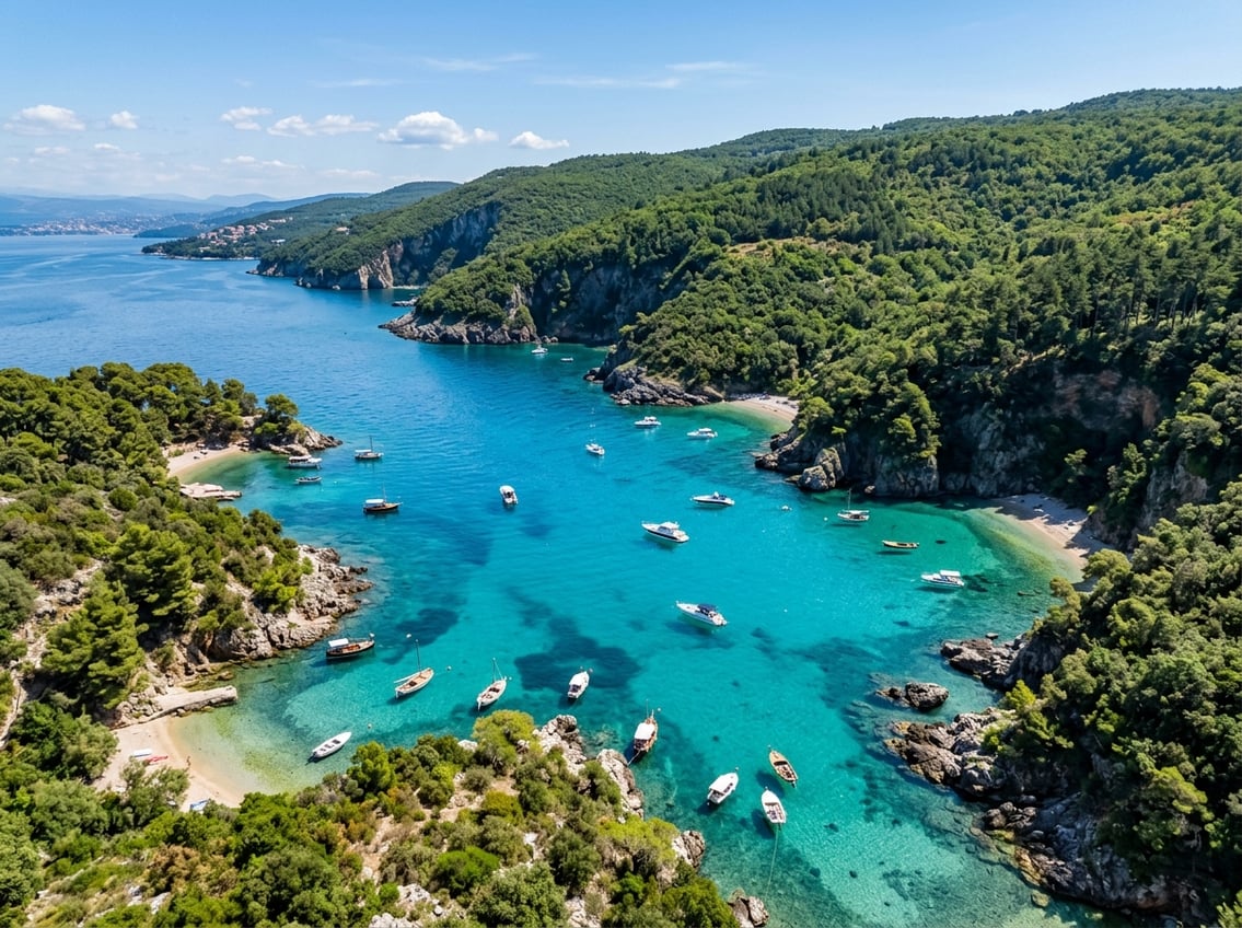 Aerial view of ten secluded bays with clear turquoise water and boats near a green rocky coastline by Opatija.