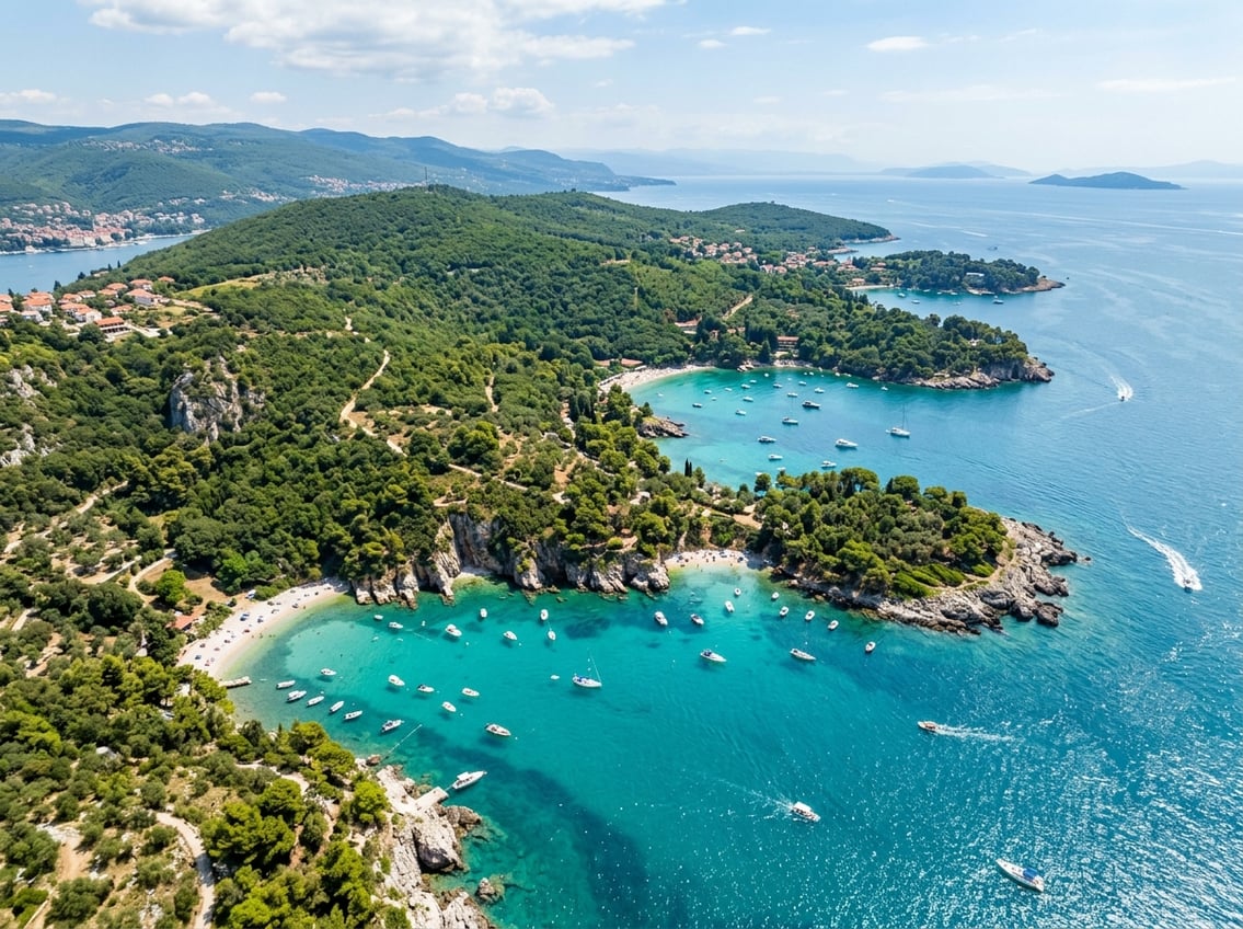 Aerial view of ten small bays with clear turquoise water, rocky shores, green vegetation, and boats near the coast of Opatija.