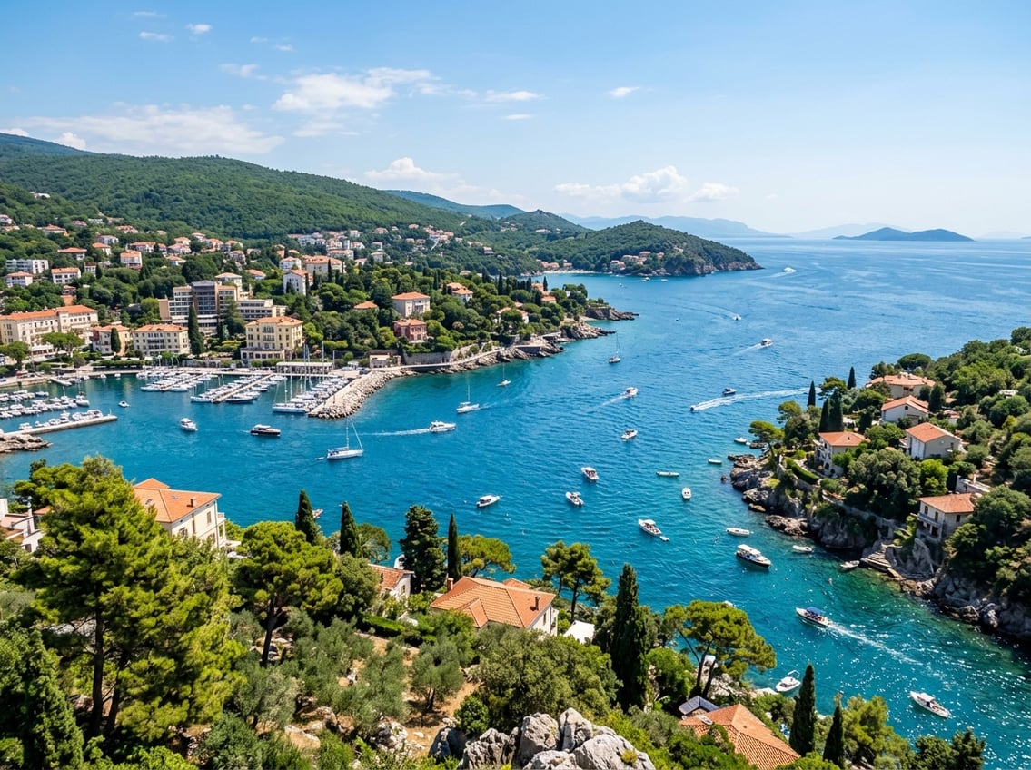 View of boats sailing on clear blue water near a green coastline with rocky cliffs and houses, showing a coastal route with several bays.