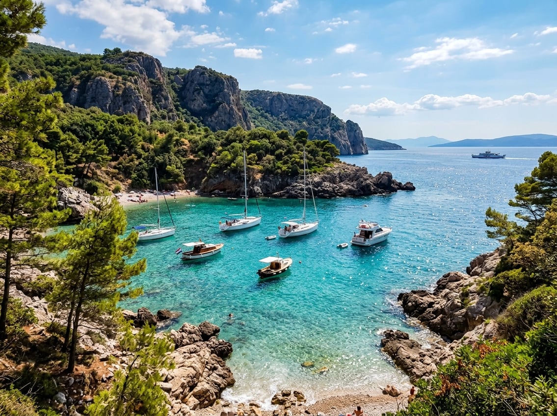 A sunlit bay near Opatija with clear turquoise water, rocky shores, green vegetation, and several small boats anchored peacefully.