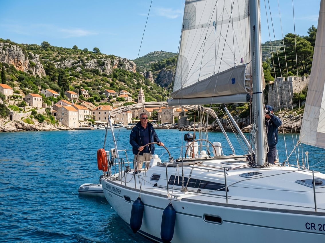A skipper steering a sailing boat on clear blue waters near a rocky Croatian coastline with traditional houses and greenery.