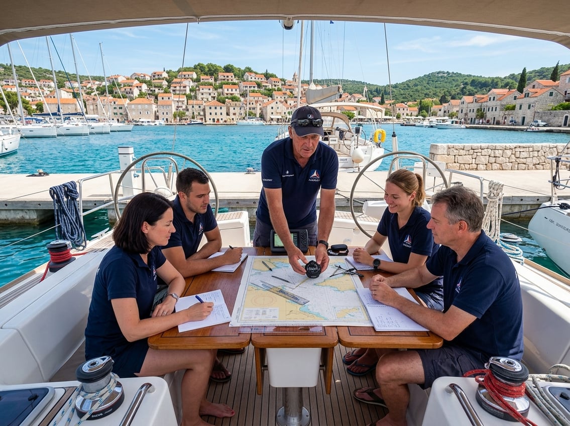 A group of adult students learning navigation techniques on a sailing boat docked at a Croatian marina with coastal buildings and clear blue sea in the background.