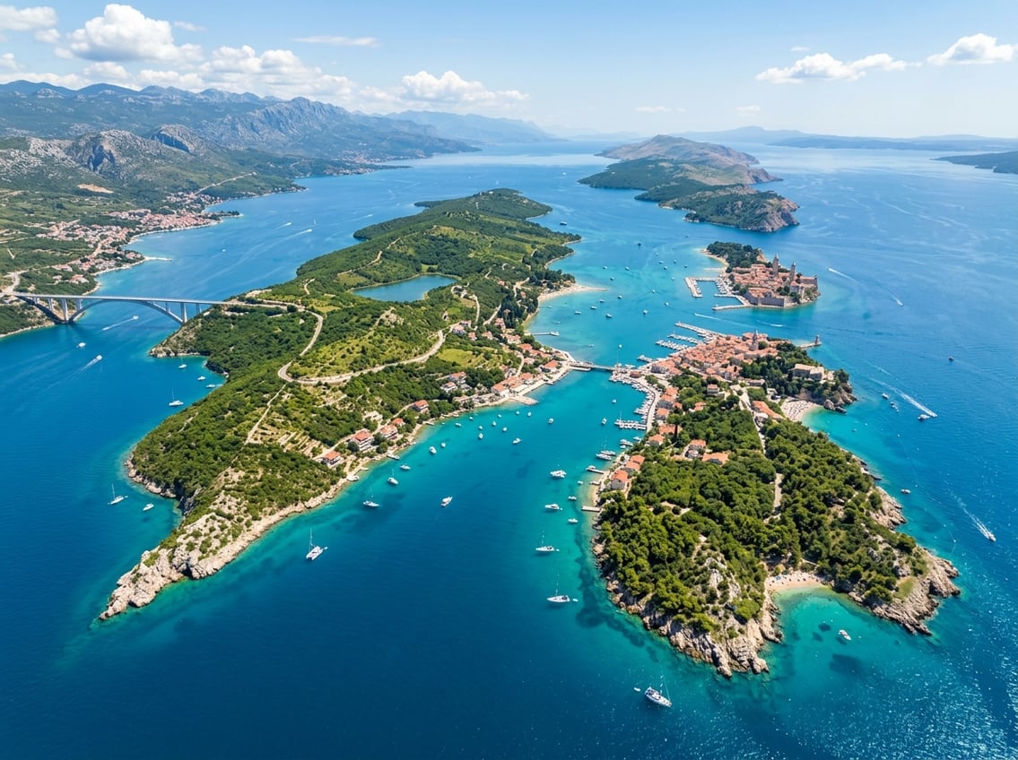 Aerial view of three green islands surrounded by clear blue sea with boats and sandy beaches under a sunny sky.