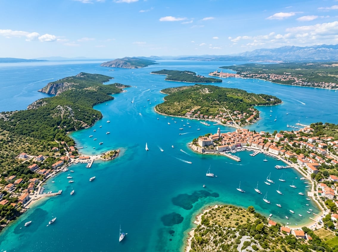 Aerial view of the Kvarner Islands showing clear turquoise waters, green islands, red-roofed coastal villages, and boats sailing under a sunny sky.