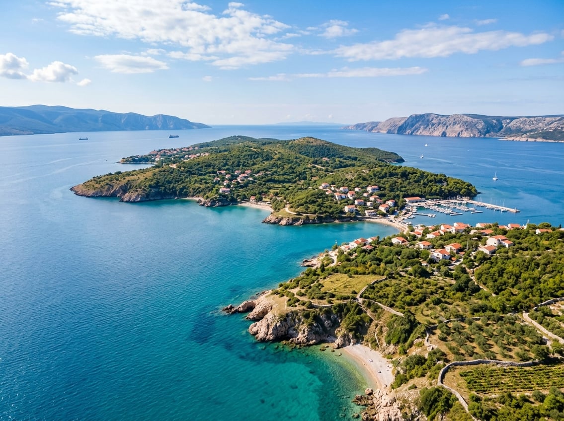 Panoramic view of Krk island's rocky coastline with turquoise water, green hills, and traditional houses under a clear blue sky.