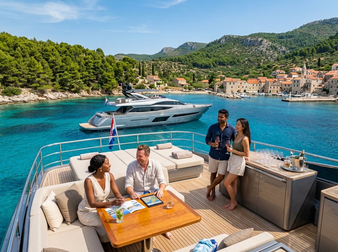 A modern yacht anchored in clear blue waters near a green Croatian coastline with people relaxing on deck.