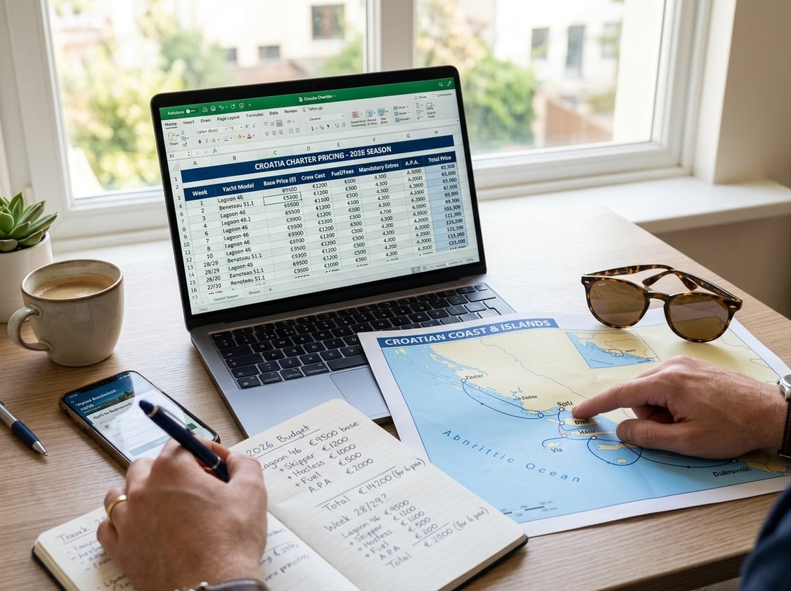 Close-up of a desk with a laptop showing pricing charts, a map of the Croatian coast, and hands pointing and taking notes about travel plans.
