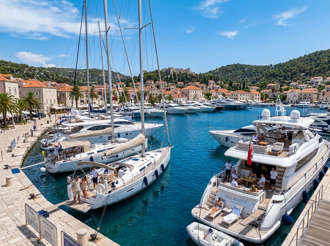 A marina in Croatia with various yachts docked and people boarding or relaxing, with a coastal town and green hills in the background under a clear blue sky.